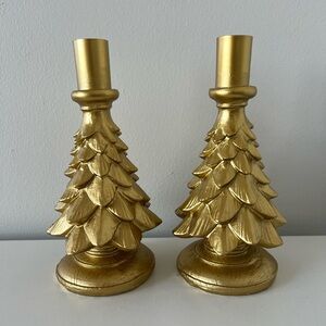 Gold Christmas Tree Figurine Taper Candle Holders Set of 2